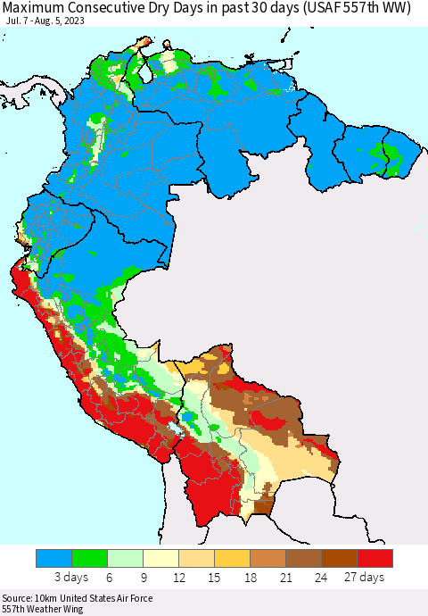 Northern South America Maximum Consecutive Dry Days in past 30 days (USAF 557th WW) 08/05/2023 Thematic Map For 8/1/2023 - 8/5/2023