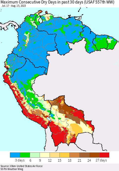Northern South America Maximum Consecutive Dry Days in past 30 days (USAF 557th WW) 08/15/2023 Thematic Map For 8/11/2023 - 8/15/2023