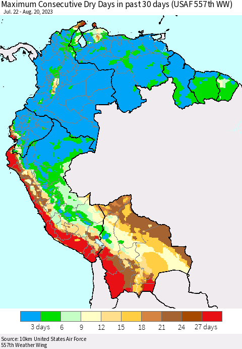 Northern South America Maximum Consecutive Dry Days in past 30 days (USAF 557th WW) 08/20/2023 Thematic Map For 8/16/2023 - 8/20/2023