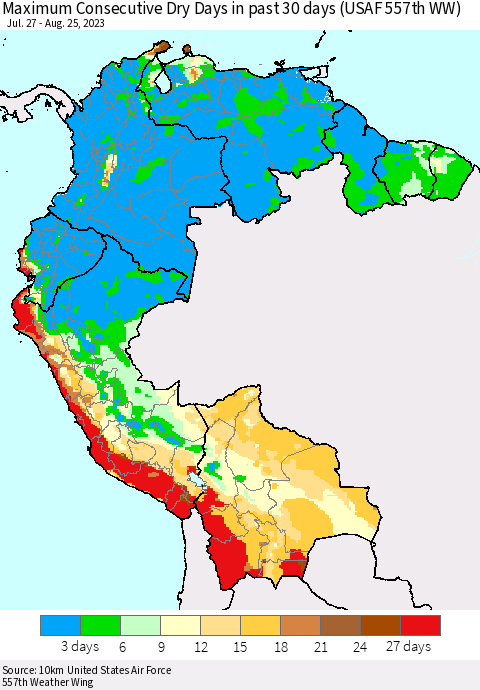 Northern South America Maximum Consecutive Dry Days in past 30 days (USAF 557th WW) 08/25/2023 Thematic Map For 8/21/2023 - 8/25/2023