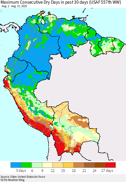 Northern South America Maximum Consecutive Dry Days in past 30 days (USAF 557th WW) 08/31/2023 Thematic Map For 8/26/2023 - 8/31/2023