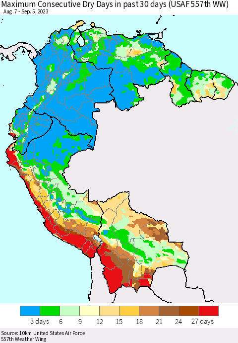 Northern South America Maximum Consecutive Dry Days in past 30 days (USAF 557th WW) 09/05/2023 Thematic Map For 9/1/2023 - 9/5/2023