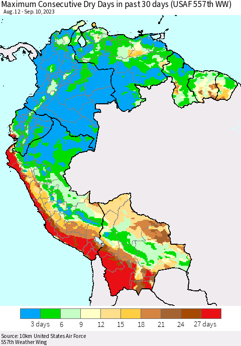 Northern South America Maximum Consecutive Dry Days in past 30 days (USAF 557th WW) 09/10/2023 Thematic Map For 9/6/2023 - 9/10/2023
