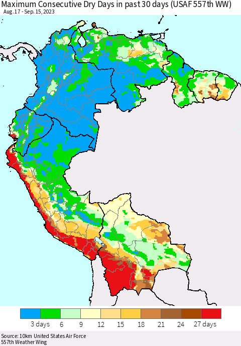 Northern South America Maximum Consecutive Dry Days in past 30 days (USAF 557th WW) 09/15/2023 Thematic Map For 9/11/2023 - 9/15/2023