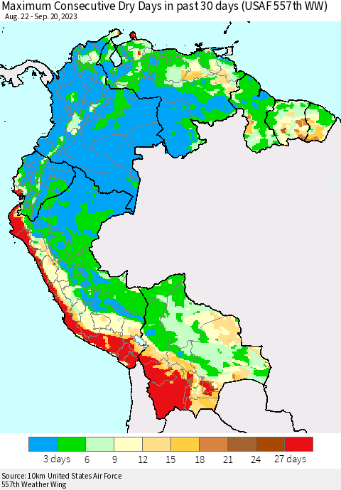 Northern South America Maximum Consecutive Dry Days in past 30 days (USAF 557th WW) 09/20/2023 Thematic Map For 9/16/2023 - 9/20/2023
