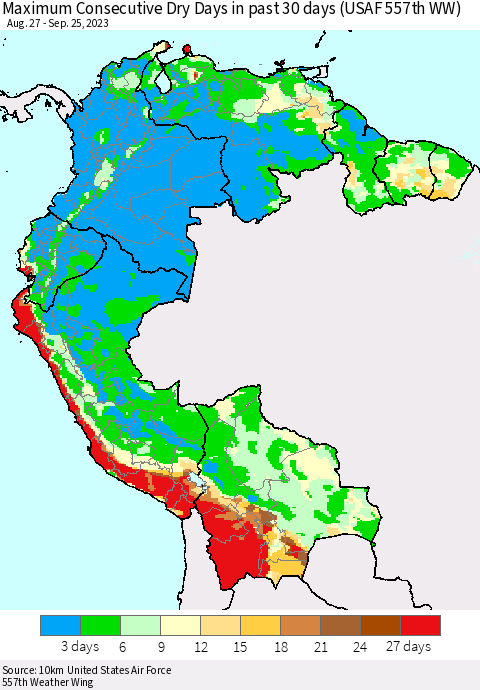 Northern South America Maximum Consecutive Dry Days in past 30 days (USAF 557th WW) 09/25/2023 Thematic Map For 9/21/2023 - 9/25/2023
