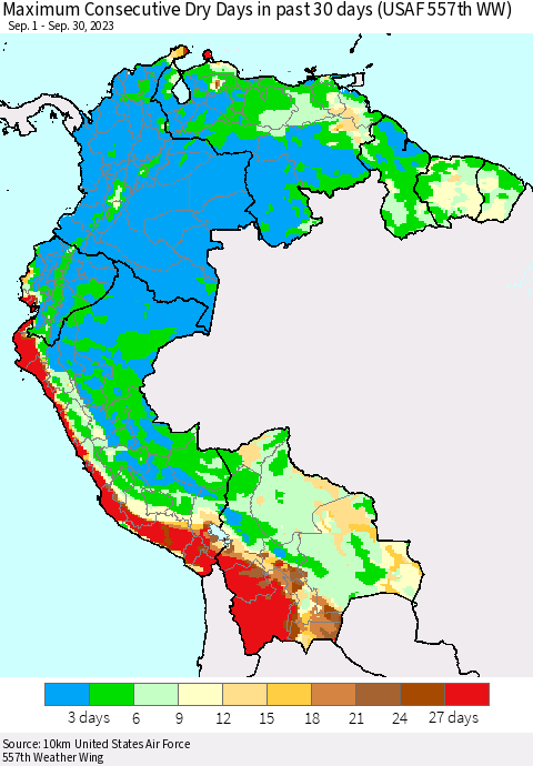 Northern South America Maximum Consecutive Dry Days in past 30 days (USAF 557th WW) 09/30/2023 Thematic Map For 9/26/2023 - 9/30/2023