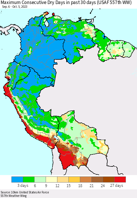 Northern South America Maximum Consecutive Dry Days in past 30 days (USAF 557th WW) 10/05/2023 Thematic Map For 10/1/2023 - 10/5/2023
