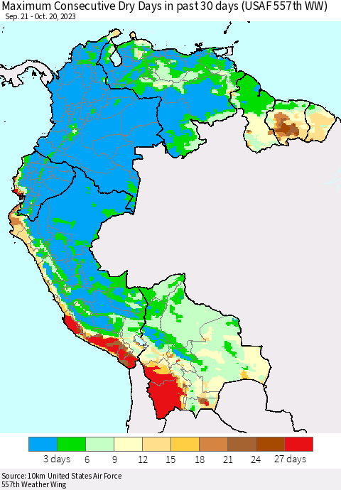 Northern South America Maximum Consecutive Dry Days in past 30 days (USAF 557th WW) 10/20/2023 Thematic Map For 10/16/2023 - 10/20/2023