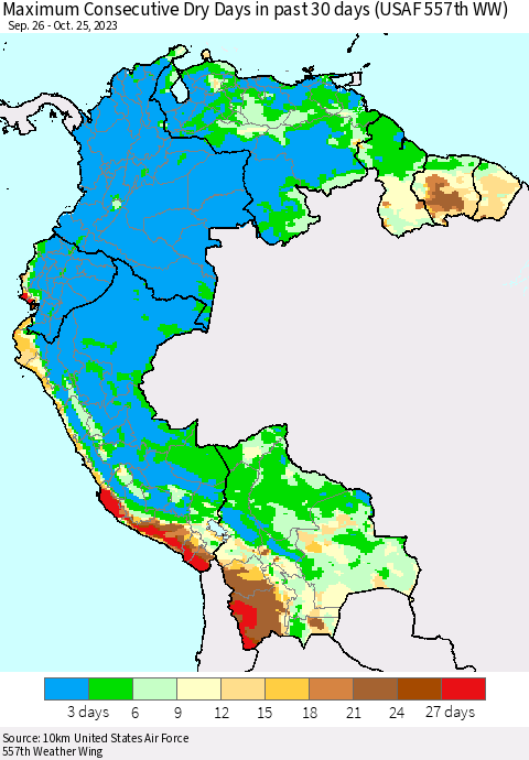 Northern South America Maximum Consecutive Dry Days in past 30 days (USAF 557th WW) 10/25/2023 Thematic Map For 10/21/2023 - 10/25/2023