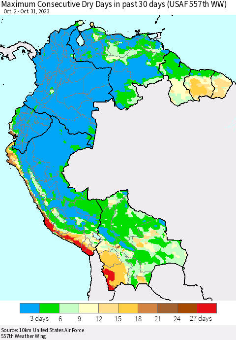 Northern South America Maximum Consecutive Dry Days in past 30 days (USAF 557th WW) 10/31/2023 Thematic Map For 10/26/2023 - 10/31/2023