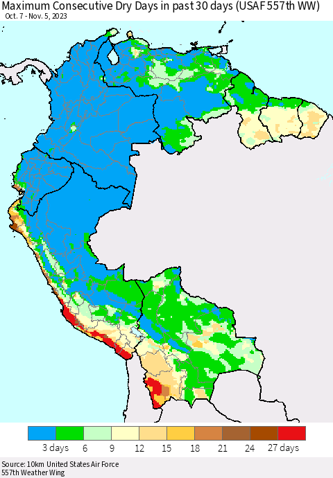 Northern South America Maximum Consecutive Dry Days in past 30 days (USAF 557th WW) 11/05/2023 Thematic Map For 11/1/2023 - 11/5/2023