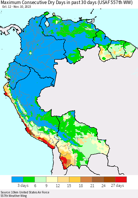 Northern South America Maximum Consecutive Dry Days in past 30 days (USAF 557th WW) 11/10/2023 Thematic Map For 11/6/2023 - 11/10/2023