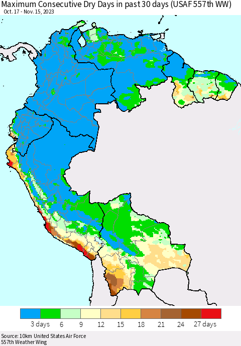 Northern South America Maximum Consecutive Dry Days in past 30 days (USAF 557th WW) 11/15/2023 Thematic Map For 11/11/2023 - 11/15/2023