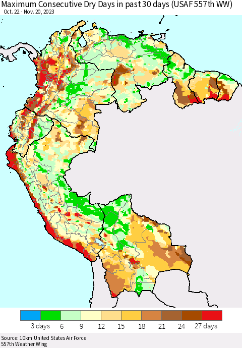 Northern South America Maximum Consecutive Dry Days in past 30 days (USAF 557th WW) 11/20/2023 Thematic Map For 11/16/2023 - 11/20/2023