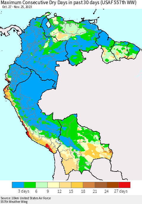 Northern South America Maximum Consecutive Dry Days in past 30 days (USAF 557th WW) 11/25/2023 Thematic Map For 11/21/2023 - 11/25/2023