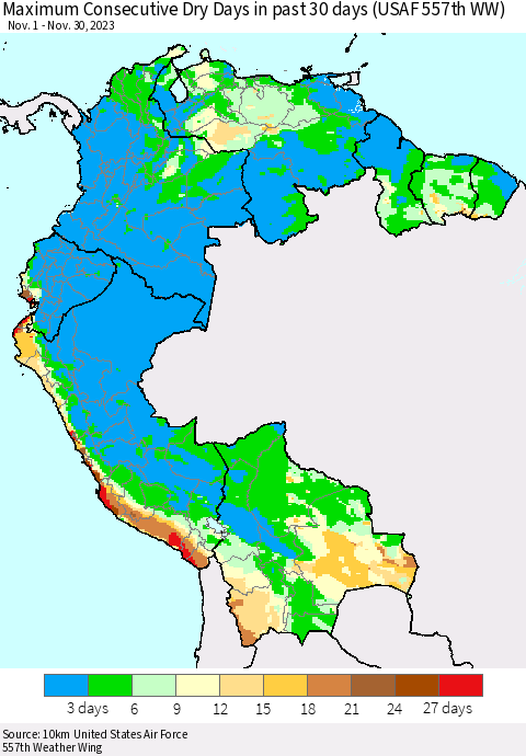 Northern South America Maximum Consecutive Dry Days in past 30 days (USAF 557th WW) 11/30/2023 Thematic Map For 11/26/2023 - 11/30/2023