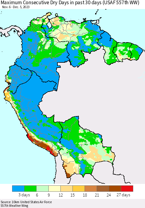 Northern South America Maximum Consecutive Dry Days in past 30 days (USAF 557th WW) 12/05/2023 Thematic Map For 12/1/2023 - 12/5/2023