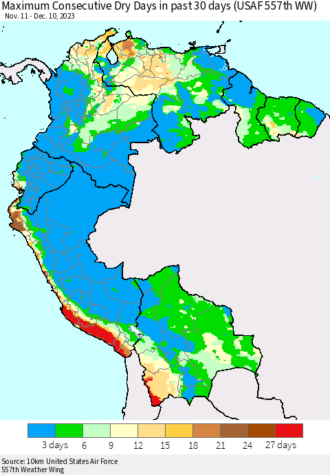 Northern South America Maximum Consecutive Dry Days in past 30 days (USAF 557th WW) 12/10/2023 Thematic Map For 12/6/2023 - 12/10/2023