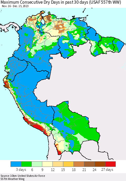 Northern South America Maximum Consecutive Dry Days in past 30 days (USAF 557th WW) 12/15/2023 Thematic Map For 12/11/2023 - 12/15/2023