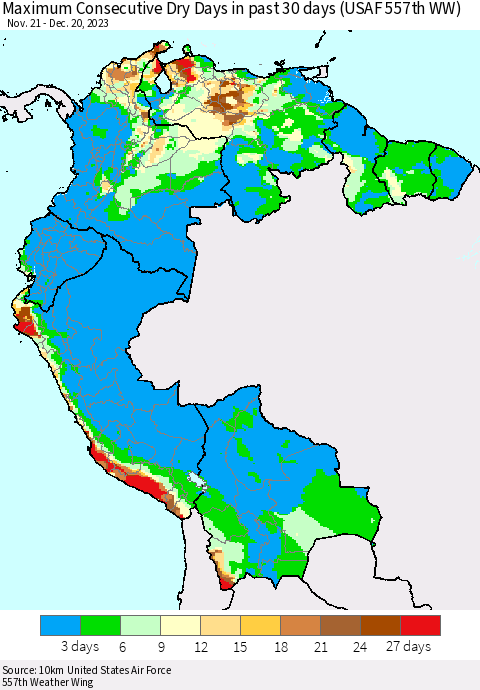 Northern South America Maximum Consecutive Dry Days in past 30 days (USAF 557th WW) 12/20/2023 Thematic Map For 12/16/2023 - 12/20/2023