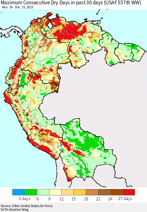 Northern South America Maximum Consecutive Dry Days in past 30 days (USAF 557th WW) 12/25/2023 Thematic Map For 12/21/2023 - 12/25/2023