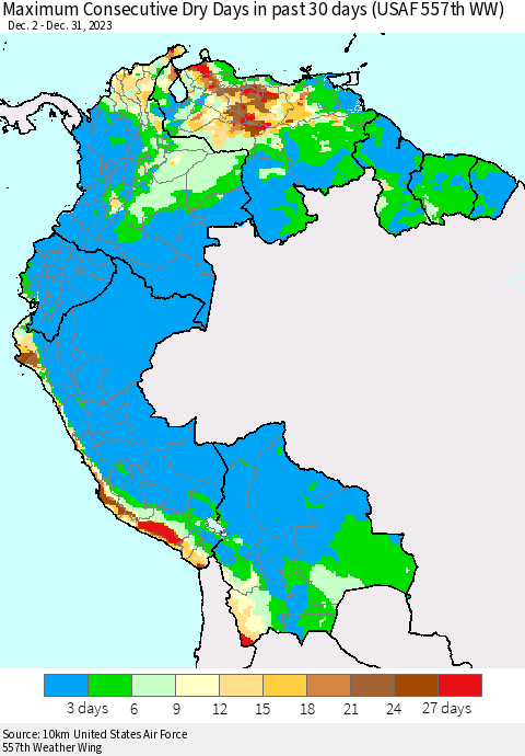 Northern South America Maximum Consecutive Dry Days in past 30 days (USAF 557th WW) 12/31/2023 Thematic Map For 12/26/2023 - 12/31/2023