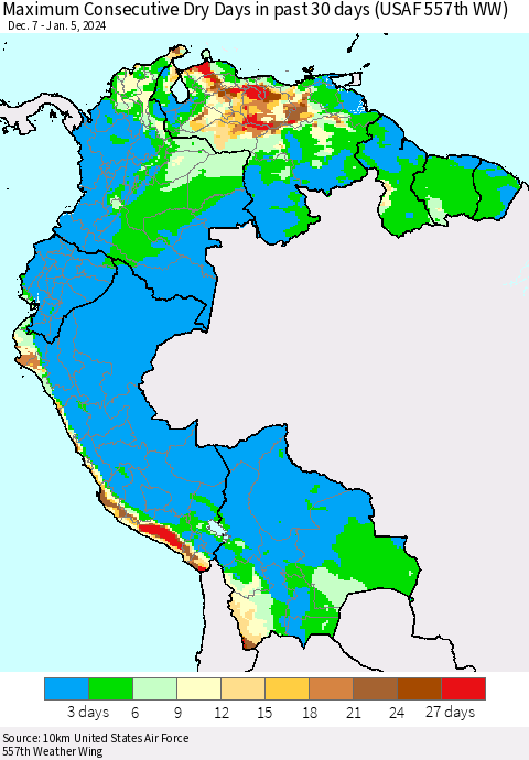 Northern South America Maximum Consecutive Dry Days in past 30 days (USAF 557th WW) 01/05/2024 Thematic Map For 1/1/2024 - 1/5/2024