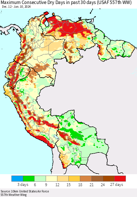 Northern South America Maximum Consecutive Dry Days in past 30 days (USAF 557th WW) 01/10/2024 Thematic Map For 1/6/2024 - 1/10/2024