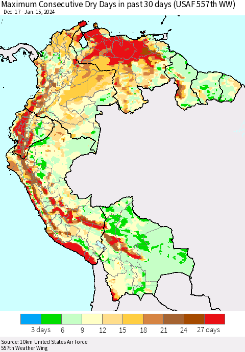 Northern South America Maximum Consecutive Dry Days in past 30 days (USAF 557th WW) 01/15/2024 Thematic Map For 1/11/2024 - 1/15/2024