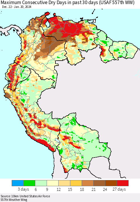 Northern South America Maximum Consecutive Dry Days in past 30 days (USAF 557th WW) 01/20/2024 Thematic Map For 1/16/2024 - 1/20/2024