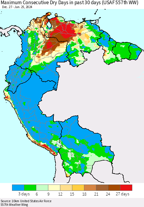 Northern South America Maximum Consecutive Dry Days in past 30 days (USAF 557th WW) 01/25/2024 Thematic Map For 1/21/2024 - 1/25/2024