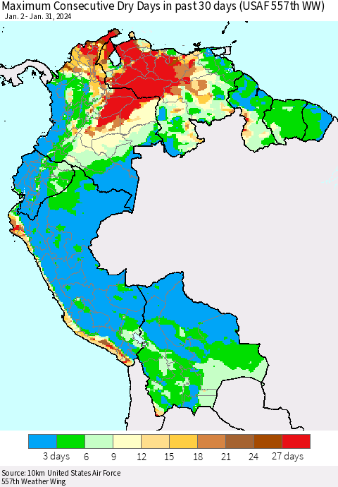 Northern South America Maximum Consecutive Dry Days in past 30 days (USAF 557th WW) 01/31/2024 Thematic Map For 1/26/2024 - 1/31/2024