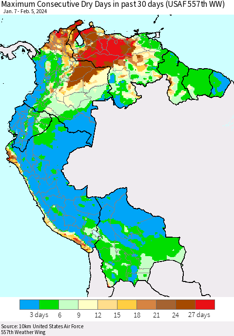 Northern South America Maximum Consecutive Dry Days in past 30 days (USAF 557th WW) 02/05/2024 Thematic Map For 2/1/2024 - 2/5/2024