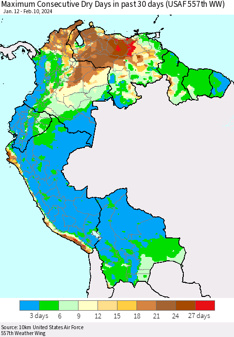 Northern South America Maximum Consecutive Dry Days in past 30 days (USAF 557th WW) 02/10/2024 Thematic Map For 2/6/2024 - 2/10/2024