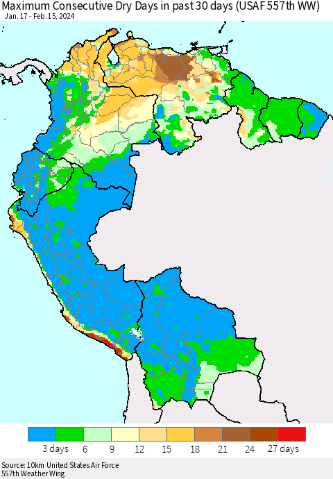 Northern South America Maximum Consecutive Dry Days in past 30 days (USAF 557th WW) 02/15/2024 Thematic Map For 2/11/2024 - 2/15/2024