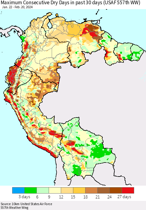 Northern South America Maximum Consecutive Dry Days in past 30 days (USAF 557th WW) 02/20/2024 Thematic Map For 2/16/2024 - 2/20/2024