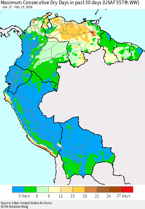Northern South America Maximum Consecutive Dry Days in past 30 days (USAF 557th WW) 02/25/2024 Thematic Map For 2/21/2024 - 2/25/2024