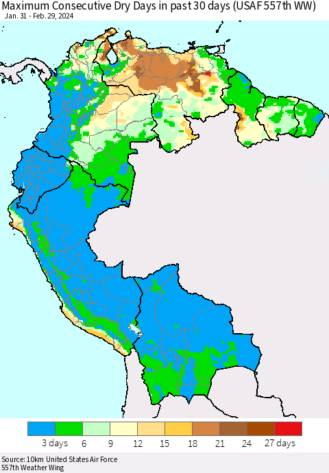 Northern South America Maximum Consecutive Dry Days in past 30 days (USAF 557th WW) 02/29/2024 Thematic Map For 2/26/2024 - 2/29/2024