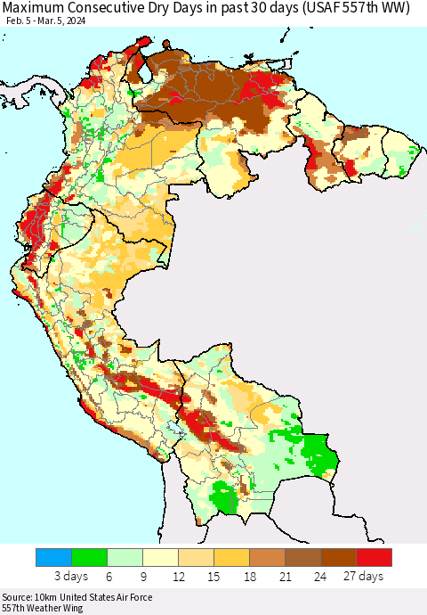 Northern South America Maximum Consecutive Dry Days in past 30 days (USAF 557th WW) 03/05/2024 Thematic Map For 3/1/2024 - 3/5/2024