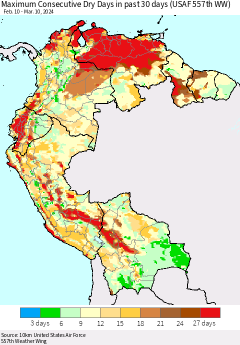 Northern South America Maximum Consecutive Dry Days in past 30 days (USAF 557th WW) 03/10/2024 Thematic Map For 3/6/2024 - 3/10/2024