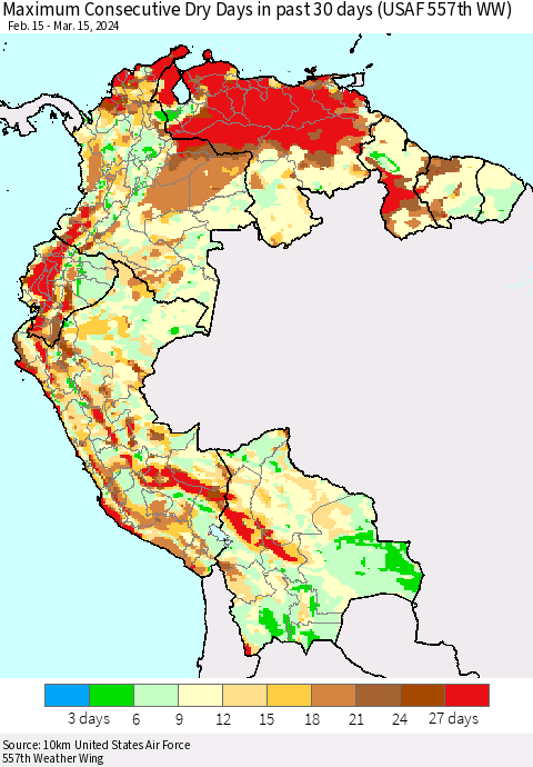 Northern South America Maximum Consecutive Dry Days in past 30 days (USAF 557th WW) 03/15/2024 Thematic Map For 3/11/2024 - 3/15/2024