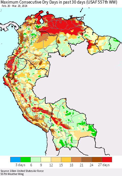 Northern South America Maximum Consecutive Dry Days in past 30 days (USAF 557th WW) 03/20/2024 Thematic Map For 3/16/2024 - 3/20/2024