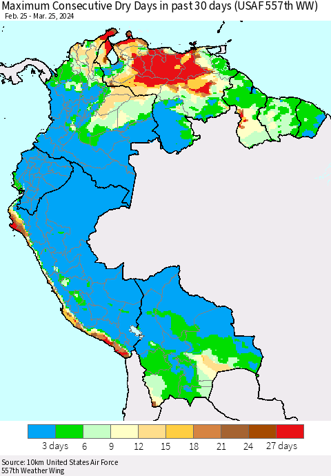 Northern South America Maximum Consecutive Dry Days in past 30 days (USAF 557th WW) 03/25/2024 Thematic Map For 3/21/2024 - 3/25/2024