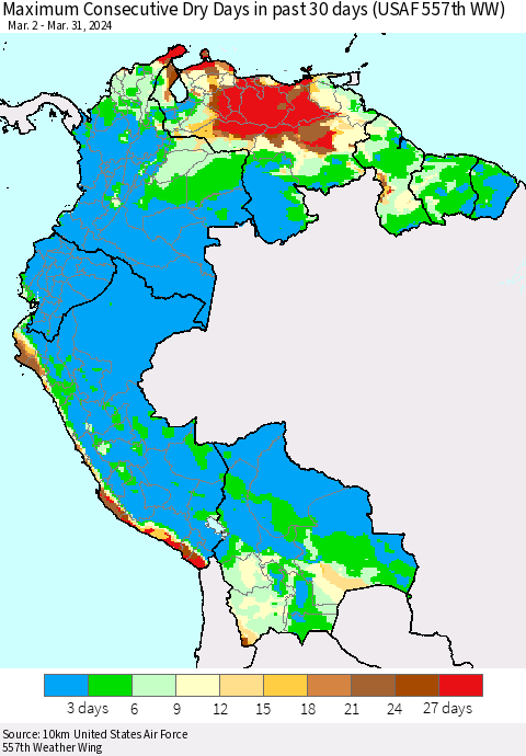 Northern South America Maximum Consecutive Dry Days in past 30 days (USAF 557th WW) 03/31/2024 Thematic Map For 3/26/2024 - 3/31/2024