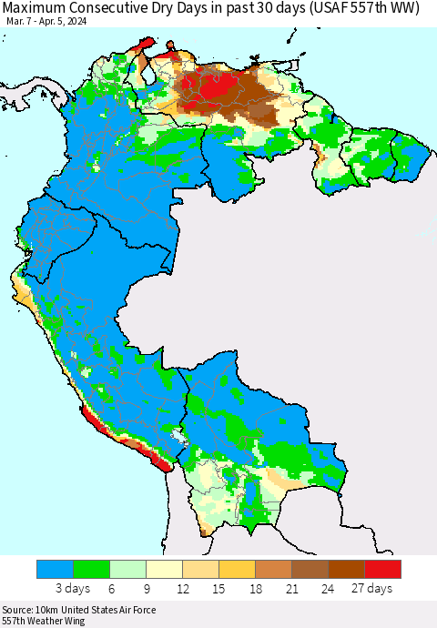 Northern South America Maximum Consecutive Dry Days in past 30 days (USAF 557th WW) 04/05/2024 Thematic Map For 4/1/2024 - 4/5/2024