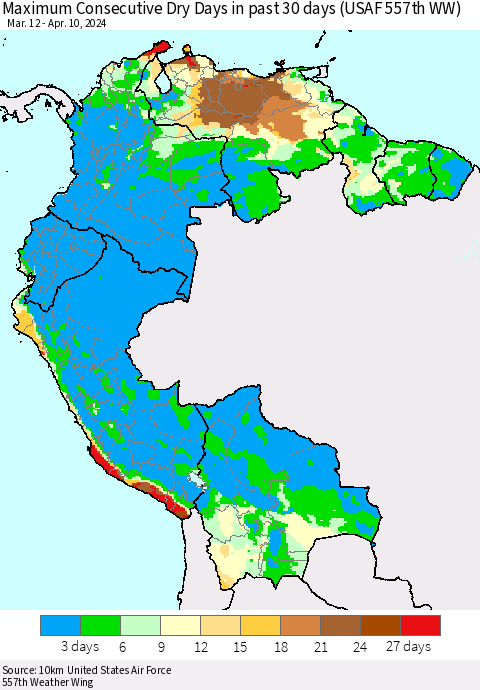 Northern South America Maximum Consecutive Dry Days in past 30 days (USAF 557th WW) 04/10/2024 Thematic Map For 4/6/2024 - 4/10/2024