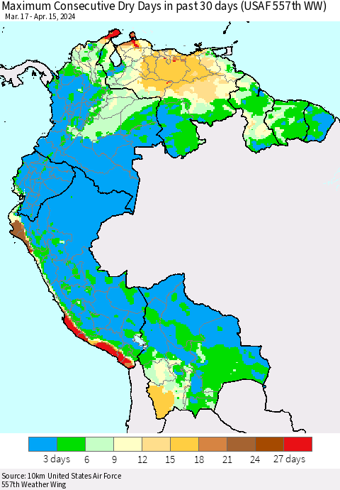 Northern South America Maximum Consecutive Dry Days in past 30 days (USAF 557th WW) 04/15/2024 Thematic Map For 4/11/2024 - 4/15/2024