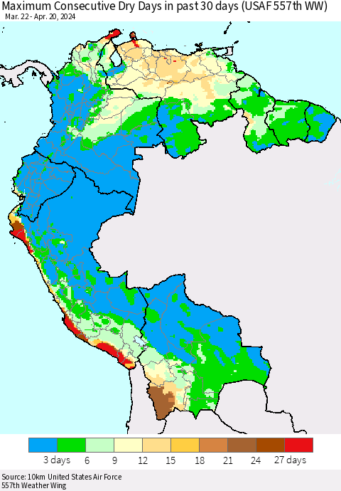Northern South America Maximum Consecutive Dry Days in past 30 days (USAF 557th WW) 04/20/2024 Thematic Map For 4/16/2024 - 4/20/2024