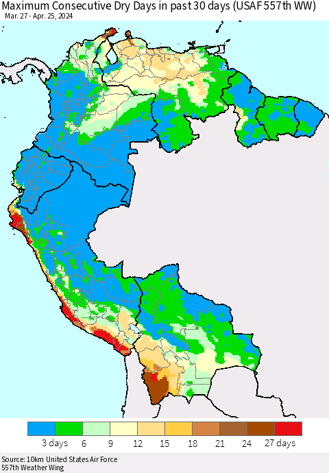 Northern South America Maximum Consecutive Dry Days in past 30 days (USAF 557th WW) 04/25/2024 Thematic Map For 4/21/2024 - 4/25/2024
